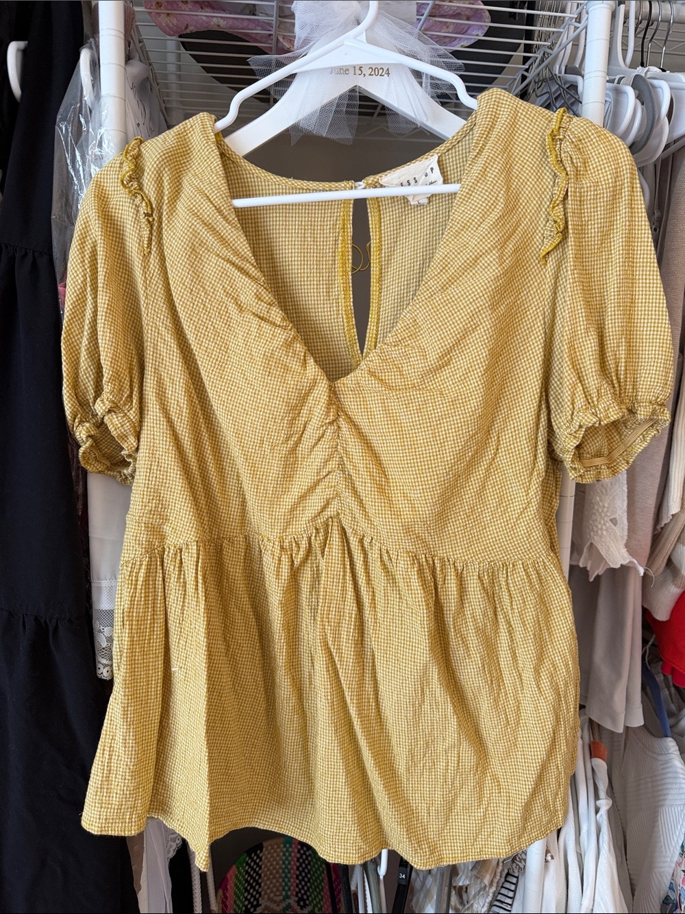 Yellow Gingham Peplum Puff Sleeve Top - boutique brand